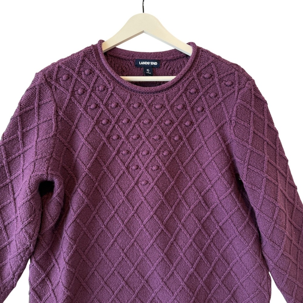 Lands End Women's‎ Purple Diamond Cable Knit Pullover Sweater XL Cottagecore